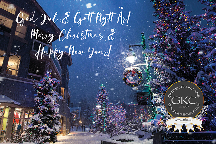 Julmotiv. snöig gata med granar och lykta